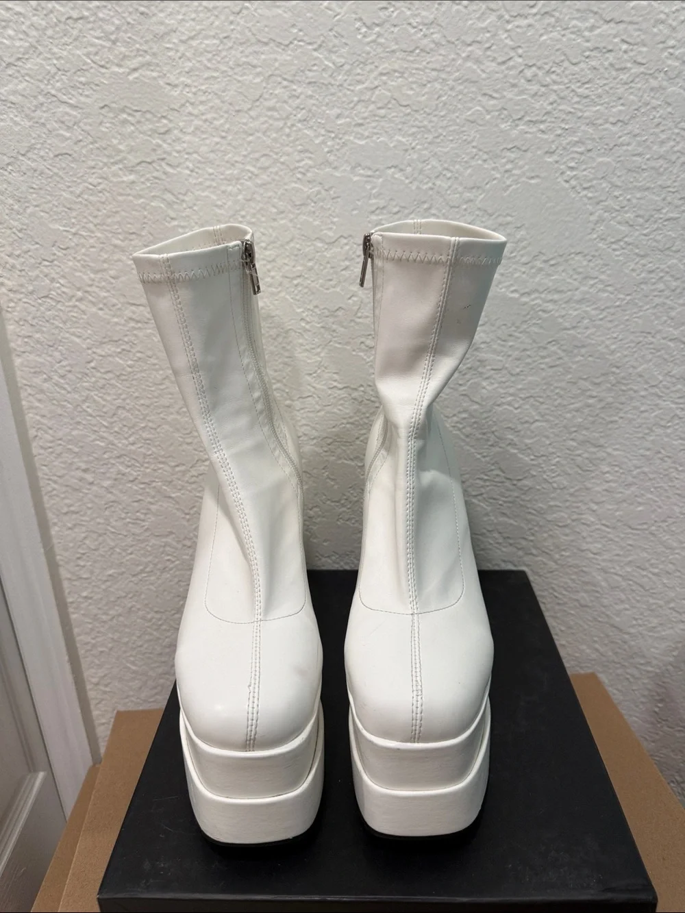 White Platform Block Heel Sock Boot with High Platform